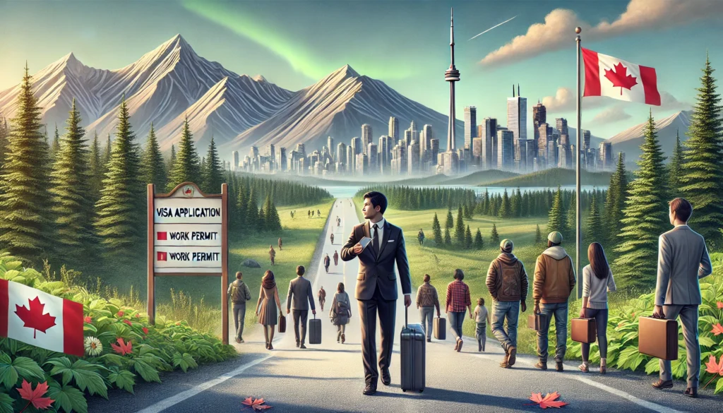 A realistic image capturing a hopeful immigration journey to Canada, with a natural Canadian landscape in the background. Majestic mountains rise in the distance, bordered by dense evergreen forests, and a clear sky features faint Northern Lights. The skyline of a Canadian city, such as Toronto’s with the CN Tower, appears in the distance, symbolizing the destination. A paved, slightly winding path stretches from the foreground toward the city, signifying the immigration journey.